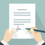 Businessman signing document vector, hands holding contract signed legal agreement